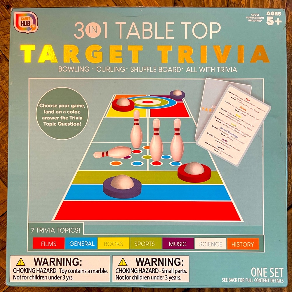 3 in 1 Target Table Top Trivia Family Game Bowling Curling Shuffle Board Trivia